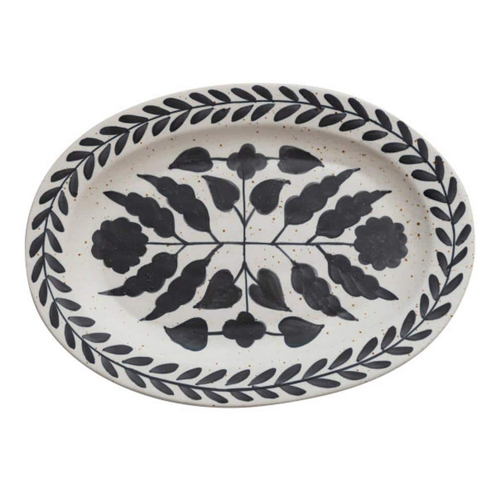 Storied Home 18 in. Matte Black and Cream Speckled Stoneware Hand Painted Platters with Floral Design