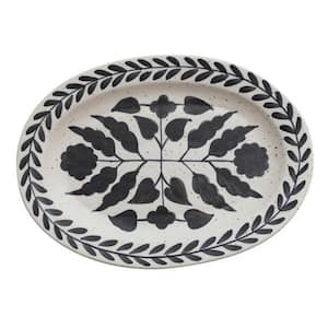 18 in. Matte Black and Cream Speckled Stoneware Hand Painted Platters with Floral Design