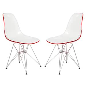 Cresco Modern Plastic Molded Dining Side Chair With Eiffel Chrome Legs White Red Set of 2