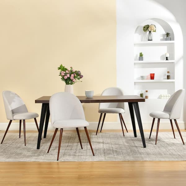 SH 5-Piece Dining Set with Walnut Finish Wood Top Dining Table and Cream Upholstered Fabric Seat Dining Chairs (Seats 4)
