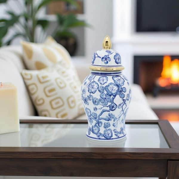 14.25 in. Blue and White Ceramic Floral Temple Jar