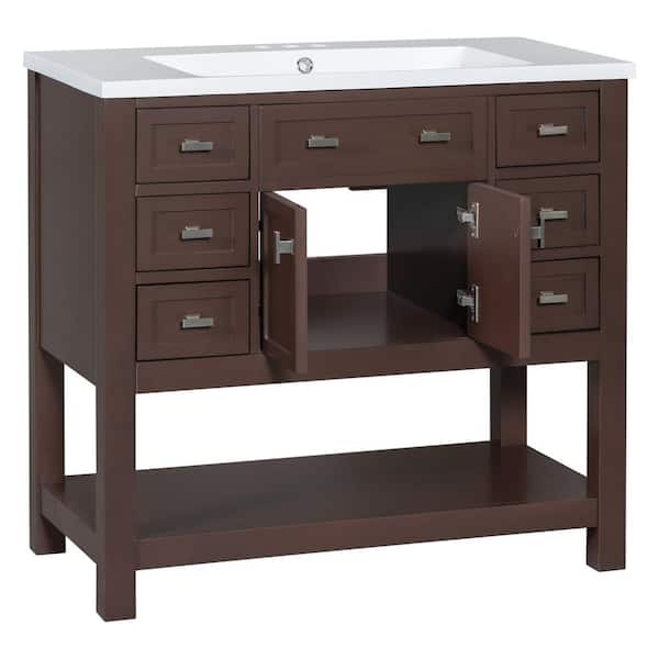 Unbranded 36 in. W x 18 in. D x 34 in. H Freestanding Bath Vanity in Brown with White Resin Top and Soft-closing Doors and Drawers
