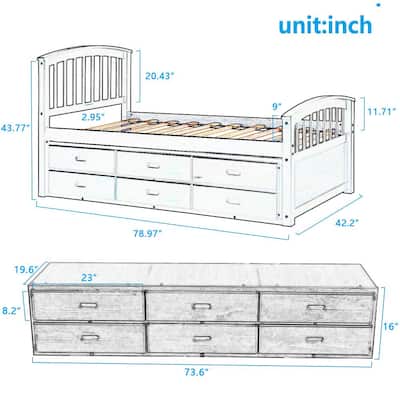 6-Drawers Gray Twin Size Platform Storage Solid Wood Bed