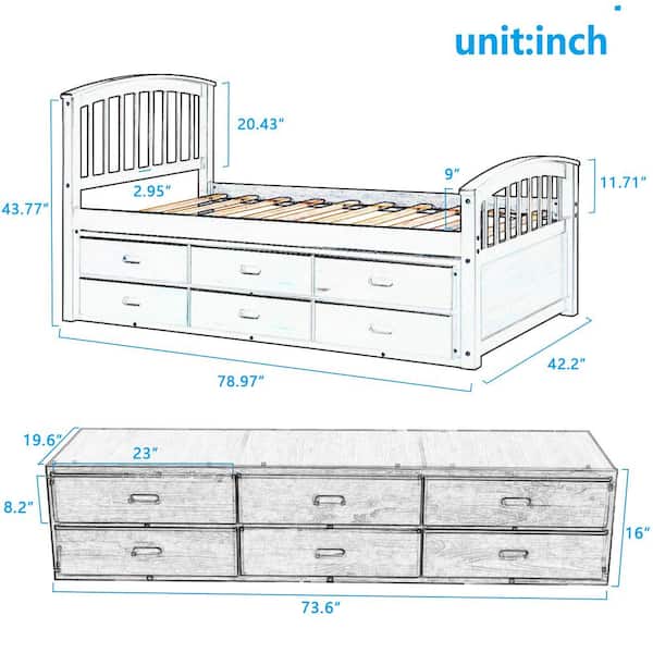 Platform Storage Solid Wood Bed, Twin Xl 6 Drawer Storage Bed