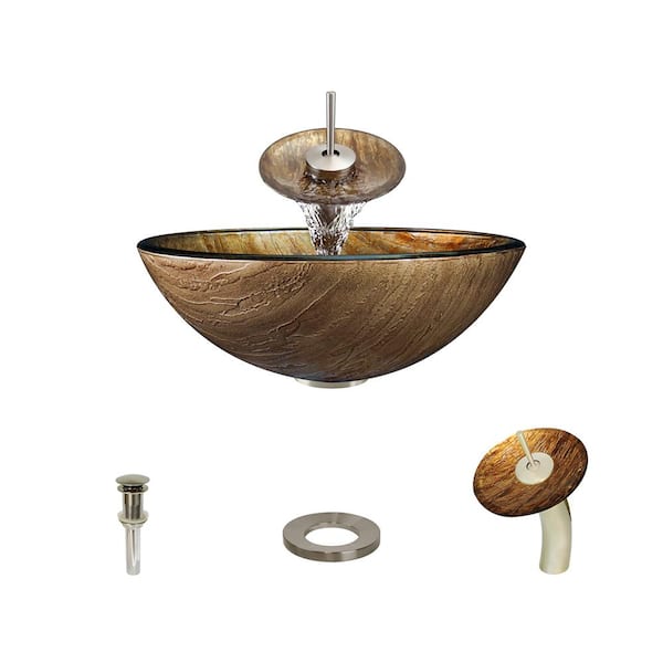 MR Direct Glass Vessel Sink in Golden Bronze Foil Undertone with Waterfall Faucet and Pop-Up Drain in Brushed Nickel