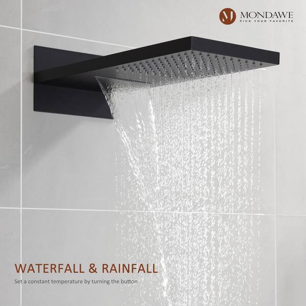 22-Inch Wall-Mount Matte Black Rainfall and Waterfall Shower Head with  3-Way Thermostatic Shower Faucet, Available with or without LED Light