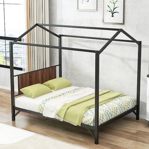 ANBAZAR Black Metal Frame Queen Size Platform Bed with Roof, House-Shaped Adult Platform Bed, Metal Queen Size Canopy Bed