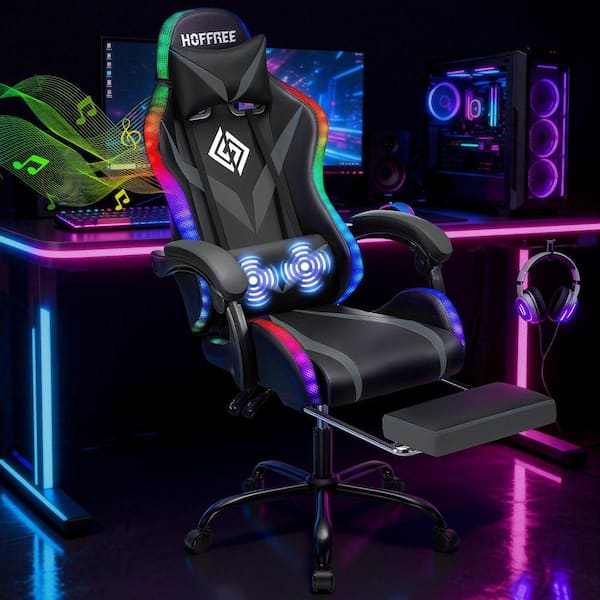 Faux Leather Massage LED Gaming Chair with Bluetooth Speaker in Black and Gray with Footrest Headrest Lumbar Support