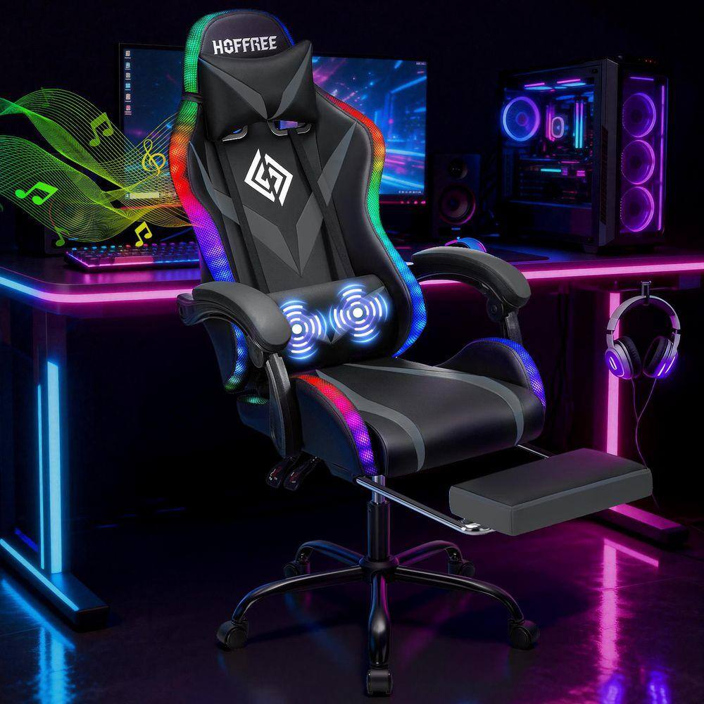 Faux Leather Bluetooth Speakers Massage LED Ergonomic Gaming Chair in Gray-Black with Footrest Headrest Lumbar Support