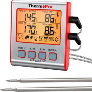 Red Digital Thermometer with Timer, Temp Presets and Dual Probes