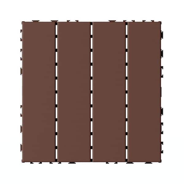 12 in. x 12 in. Plastic Interlocking Deck Tiles, Waterproof 4-slat Flooring Tile in Brown(44-Pack)
