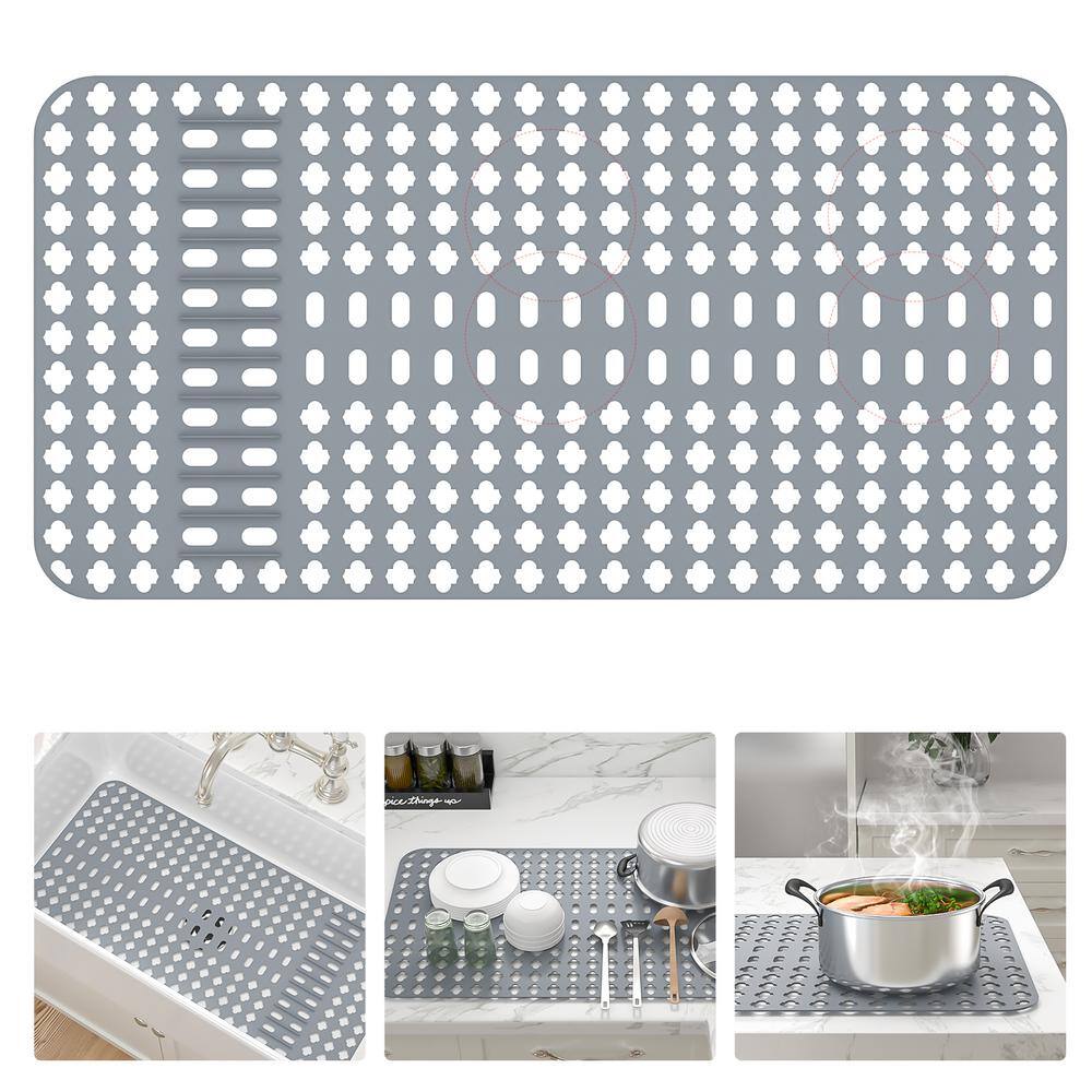 Logmey Gray Sink Mat 28 in. L x 15 in. D Slip Resistant Silicone Drawer