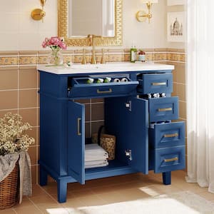 36 in. W x 18 in. D x 35 in. H Single Sink Freestanding Bath Vanity in Blue with White Resin Top and Storage Cabinet