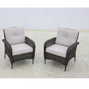 2-Piece Brown Wicker Patio Outdoor Lounge Chair Dining Chair with Beige Cushions