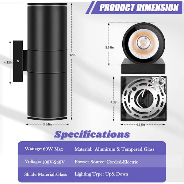 11.5 in. Black Aluminum Modern Indoor and Outdoor Cylinder LED Wall Lantern Scone (Set of 12)