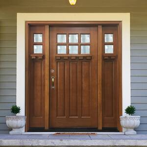 64 in. x 80 in. Craftsman Bungalow 6 Lite Right-Hand Inswing Wheat Stained Wood Prehung Front Door 12 in. Sidelites