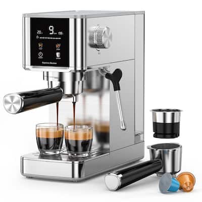2-Cup Stainless Steel Semi-Automatic Espresso Machine with 20-Bar Pressure, Removable Water Tank and Milk Frothing Wand