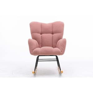 Pink Wood Mid Century Modern Teddy Fabric Tufted Upholstered Outdoor Rocking Chair with Cushion