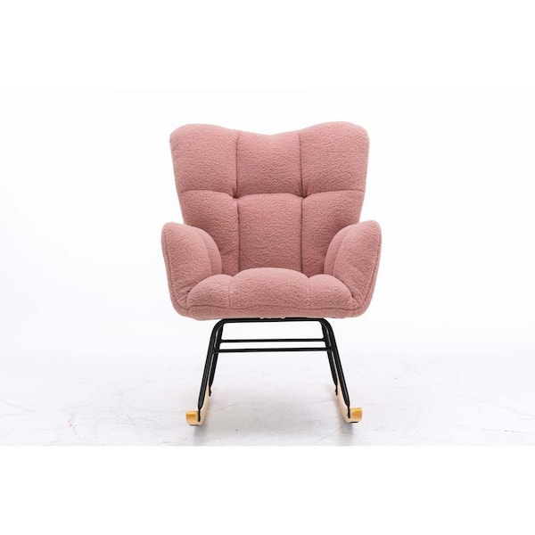 Unbranded Pink Wood Mid Century Modern Teddy Fabric Tufted Upholstered Outdoor Rocking Chair with Cushion