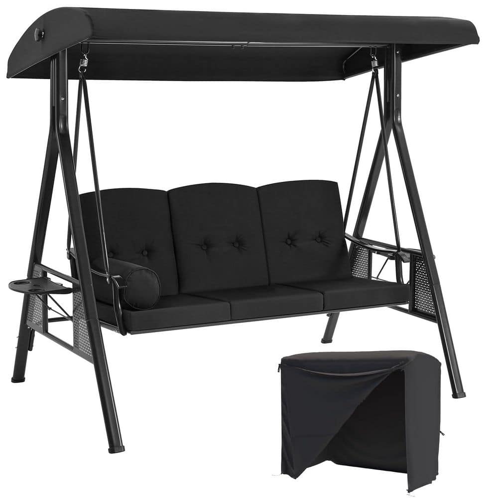 3-Seat Outdoor Porch Swing with Cover, Adjustable Canopy and Black Removable Cushions price history on PriceWatchPro