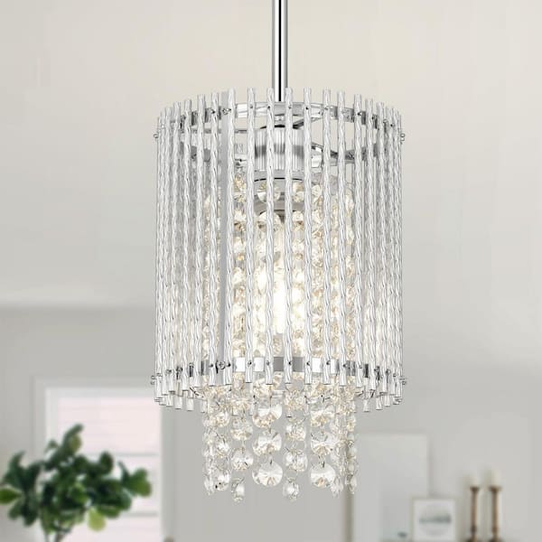 Jasslynn 60 Watt 1 Light Nickel Luxury Pendant Light with Cylinder Crystal Shade for Kitchen Living Room