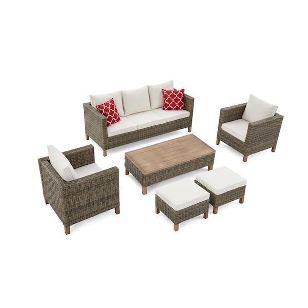 6-Piece Wicker Patio Conversation Set with Beige Cushions