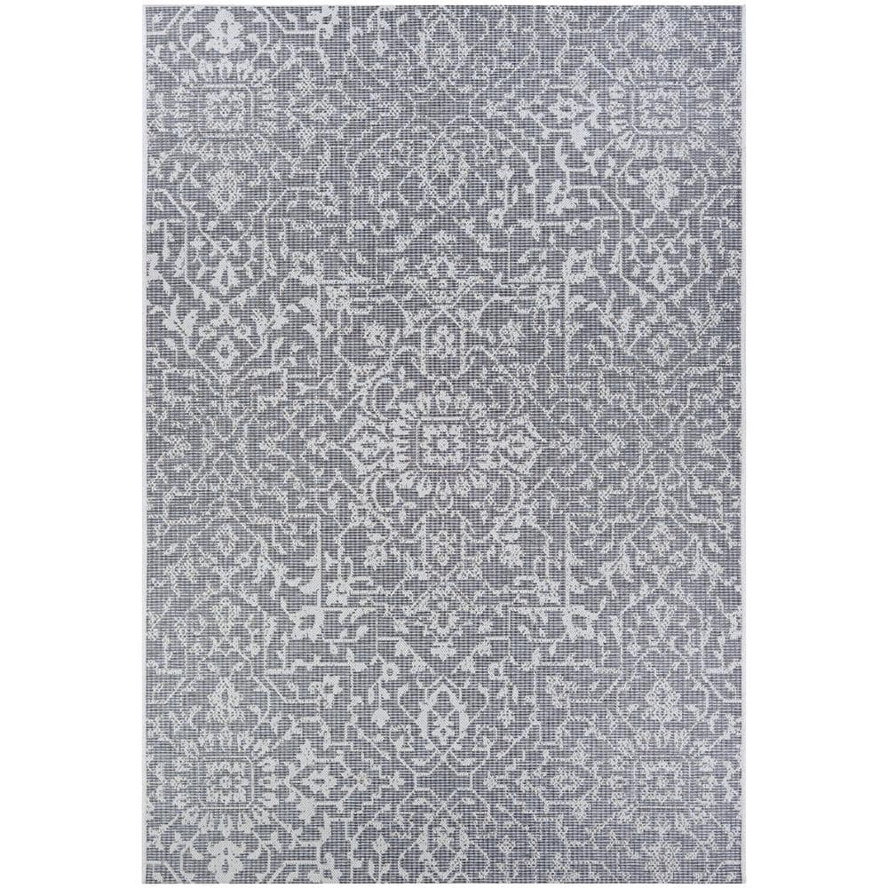 Transitional Grey-Ivory Medallion 65" x 45" Synthetic Area Rug