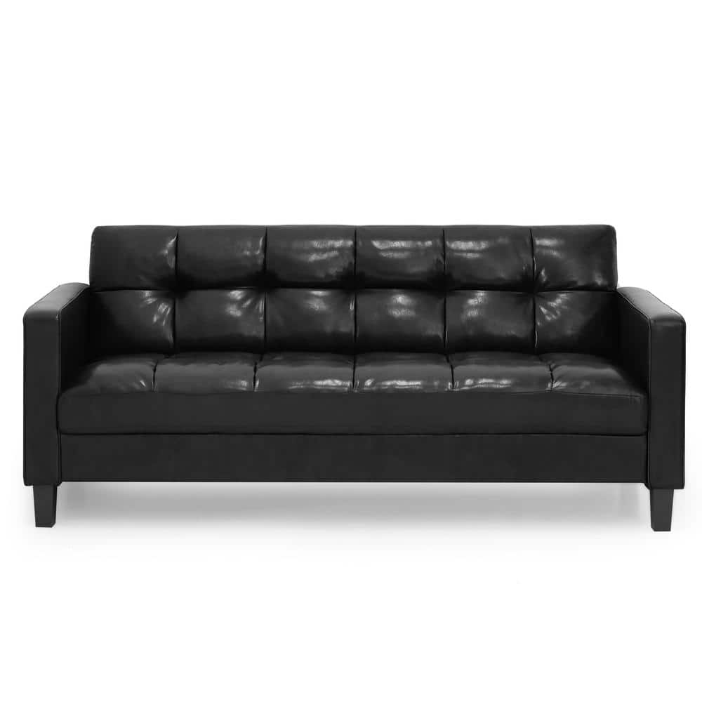 Brive Contemporary Tufted Black Faux Leather 3-Seater Sofa