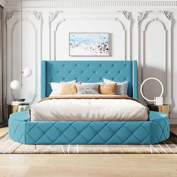 Blue Wood Frame Queen Size Platform Bed with Wingback Headboard and 1 Big Drawer