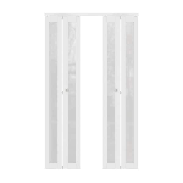 48 in. W. x 80 in. 1-Lite Frosted Glass Solid Core MDF White Finished Closet Bifold Door with Hardware