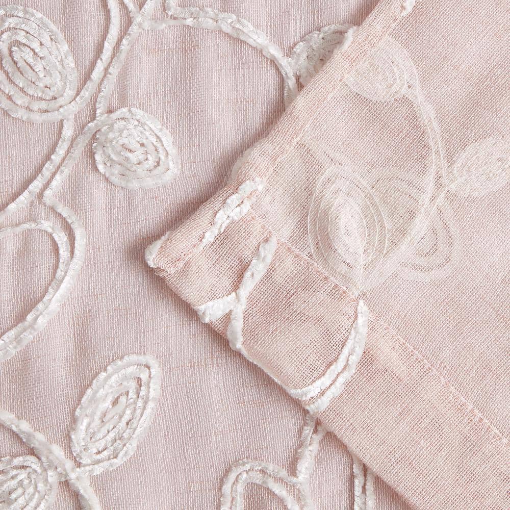 Blush Sheer Linen Grommet Window Panels with Floral Embroidery