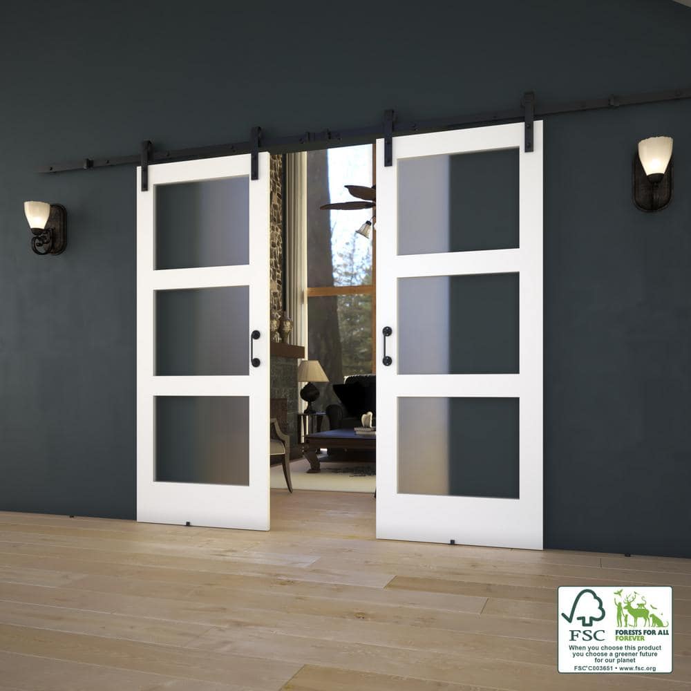 84" x 32" White Solid Pine 3-Lite Frosted Glass Barn Door