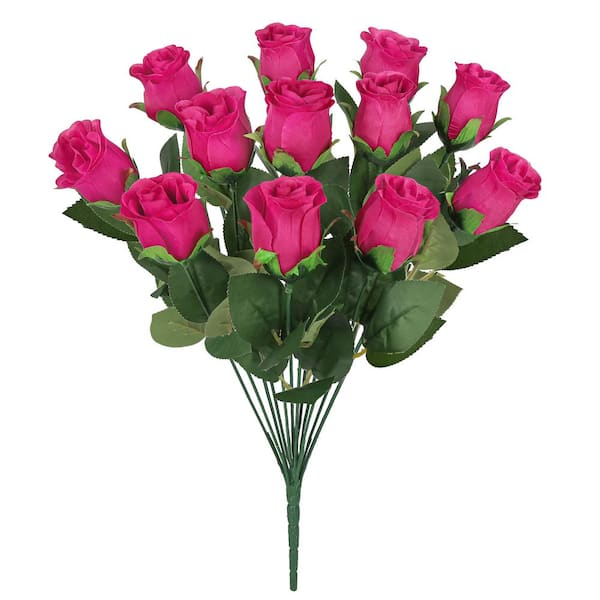 LIVING LUXURY 19.5 in. Hot Pink Artificial Rose Bud Flower Stem Bush Bouquet (Set of 2)
