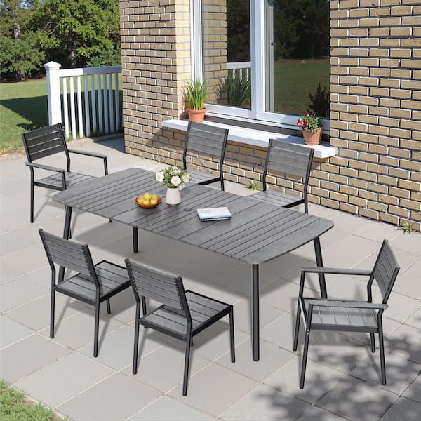 Pellebant 7-Piece 81.5 in. Gray Aluminum Patio Outdoor Dining Set, Rectangle Table with Umbrella Hole and Stacking Chairs