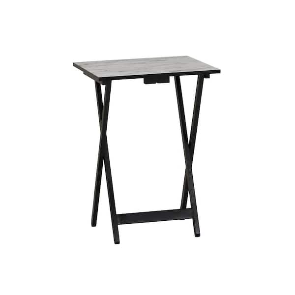 Natalia 18.9"L Black 26.38"H Rectangle Wood White Faux Marble Top Folding Tray Table Set (4 Tables and 1 Storage Stand)