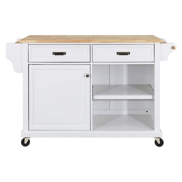 FUNKOL White Cambridge Natural Wood Top 32 in. Kitchen Island with Casters