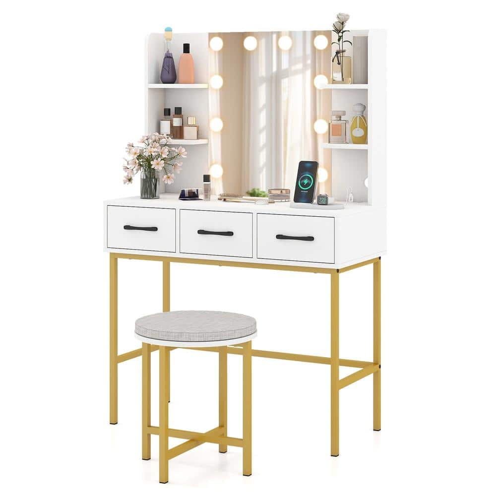 Vanity Desk with 3 Color LED Mirror Stepless Dim 35.5 in. 2 AC USB Type C 4 Shelves 3 Drawers Cushioned Stool price history on PriceWatchPro
