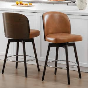 Eamon 26.4 in. Camel Swivel Counter Height Bar Stool with Leather Seat, Bentwood Back and Wood Frame (Set of 2)