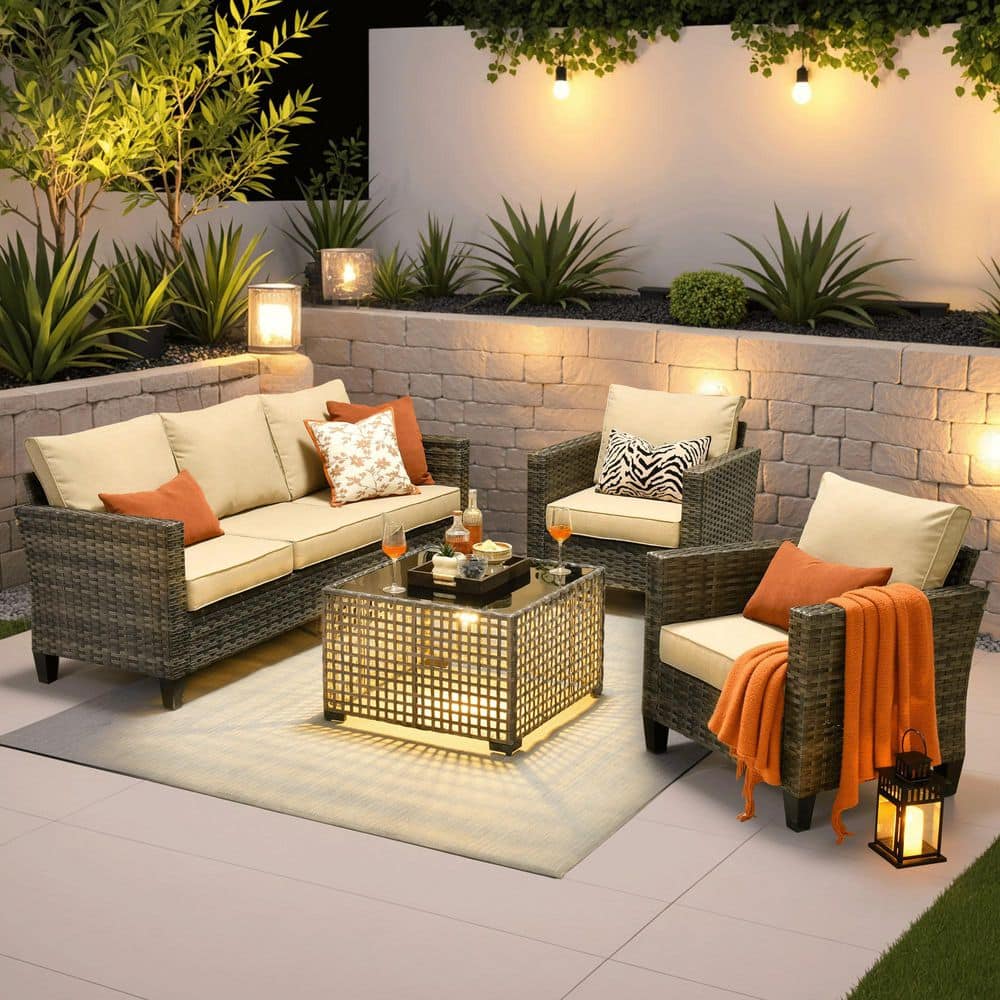 Riviera 4 Pieces Wicker Patio Conversation Seating Sofa Set with Beige Cushions price history on PriceWatchPro