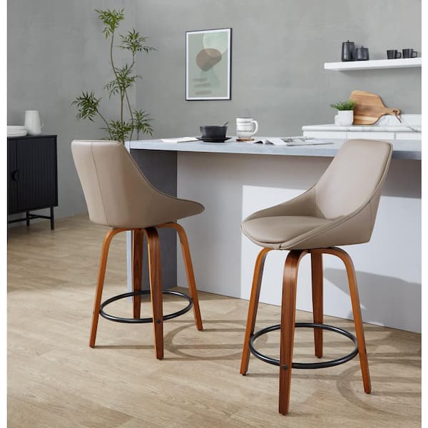 Lumisource Diana 24.75 in. Brown Faux Leather, Walnut Wood, and Black Metal Fixed-Height Counter Stool (Set of 2)