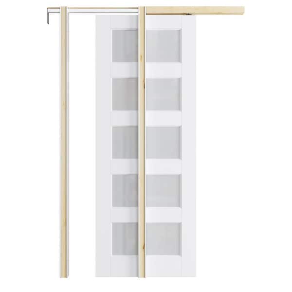 ARK DESIGN 30 in. x 96 in. White Primed 5-Lite Frosted Glass Door Slab with Wood Pocket Door Frame and Hardware (Soft Close Incl)