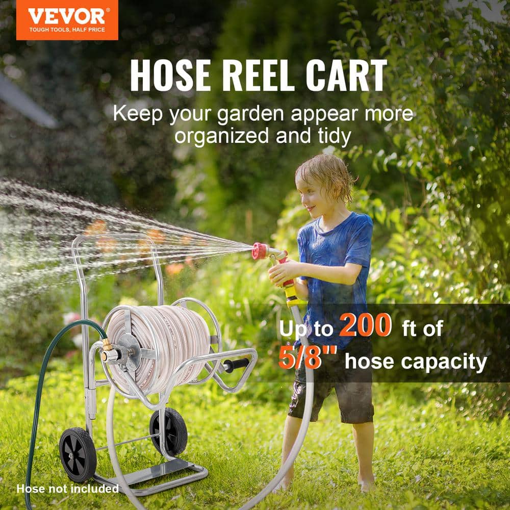 Silver Steel 200 ft. Garden Hose Reel Cart with Manual Crank