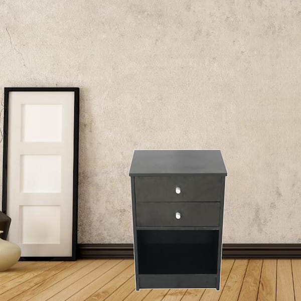 Outopee 2-Drawer Black Nightstand Round Handle 23.6 in. H x 15.7 in. W x 11.8 in. D
