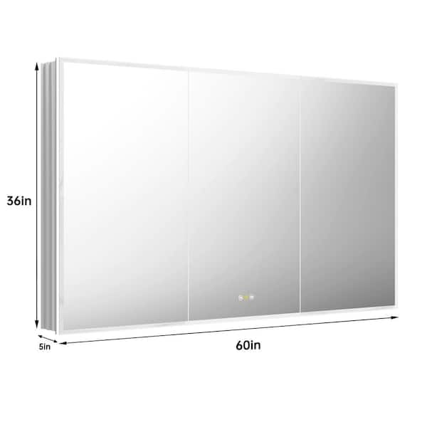 tunuo 60 in. W x 36 in. H Large Rectangular Silver LED Anti-Fog Aluminum  Recessed Medicine Cabinet with Mirror, Outlet and USB AC6036LS