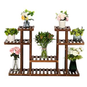 12-Seat 29 in. Brown Multi-Function Carbonized Wood Indoor Plant Stand with 4-Tiers