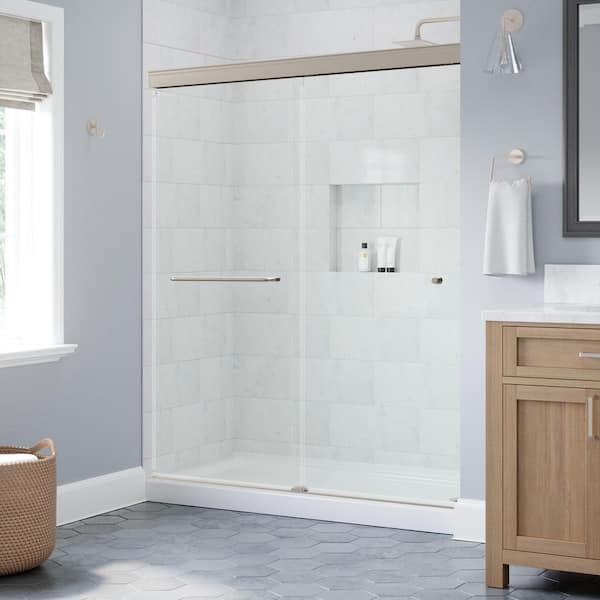 Portwood 52 to 60 in. W x 70-1/4 in. H Semi-Frameless Sliding Shower Door in Nickel with 1/4 in. Clear Glass