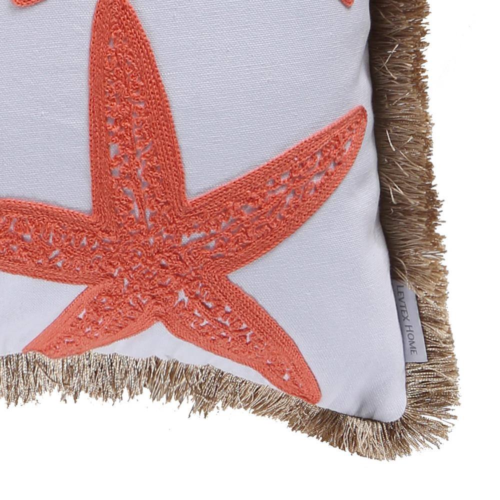 Bakio Coral and White Embroidered Starfish Pillow with Fringe Trim