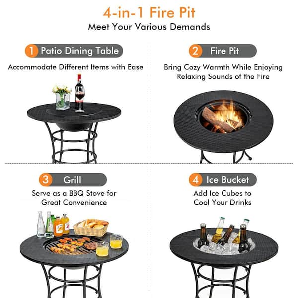 Gymax Black Patio Round Metal Fire Pit Dining Table