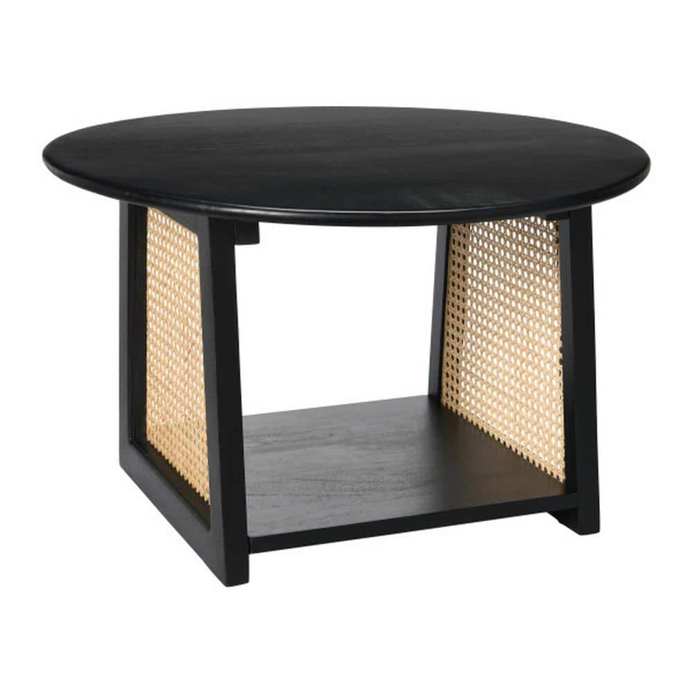 Black Mango Wood and Cane Round Coffee Table with Shelf