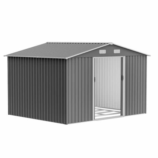 Zeus & Ruta 10 ft. W x 8 ft. D Galvanized Gray Metal Sheds and Outdoor Storage Shed with Lockable Doors (80.68 sq. ft.)